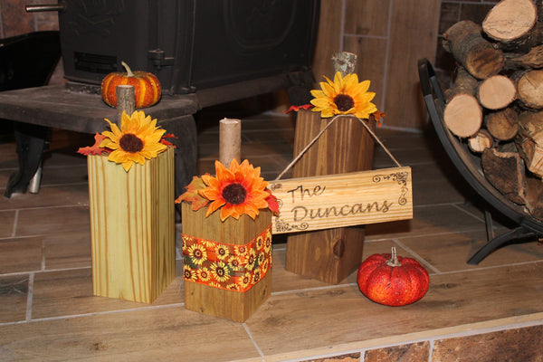 Wood Pumpkin Set & Sign - Fall Porch Decor (Set of  4), 4x4 Pumpkins, Thanksgiving Decorations- Halloween Decorations, Personalized Sign