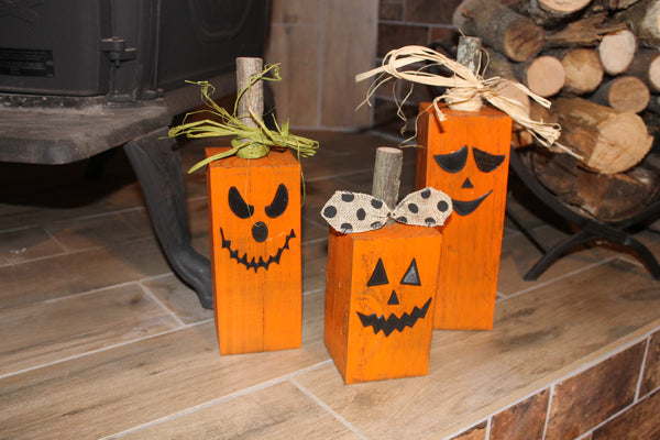 Jack-o-Lantern Wood Patch Set - Fall Porch Decor (Set of 3), 4x4 Pumpkins, Halloween Decorations