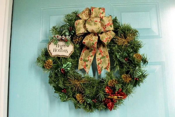Christmas Pinecone Wreath, Happy Holidays Wreath - Ships Free - Ben & Angies Gifts