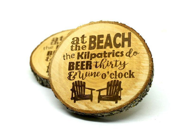 Personalized wood bark coasters (Set of 2), At the Beach the (your name) do beer thirty and wine o'clock wood bark coaster, coasters include gift box - Ben & Angies Gifts