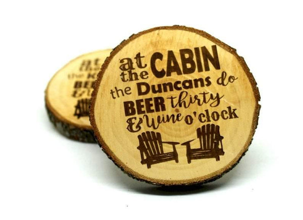 Personalized wood bark coasters (Set of 2), At the Cabin the (your name) do beer thirty & wine o'clock wood bark coaster, coasters include gift box - Ben & Angies Gifts